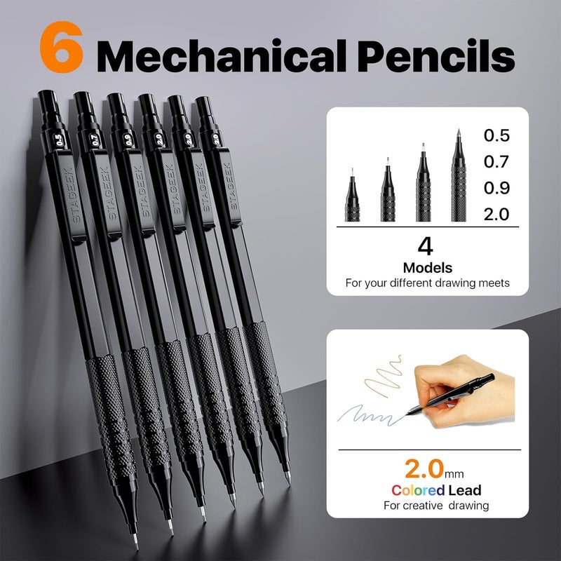 STAGEEK 35PCS Black Art Mechanical Pencil Set in Case，0.5 0.7 0.9 2.0 Graphite Metal Drawing Drafting Pencils, Sharpener Erasers 384PCS Lead Refills (6B 4B 2B HB 2H 4H Colors) for Writing Sketching - Image 3